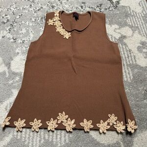 Color Works Brown Floral Sequin Embroidered Ribbed Compression Tank